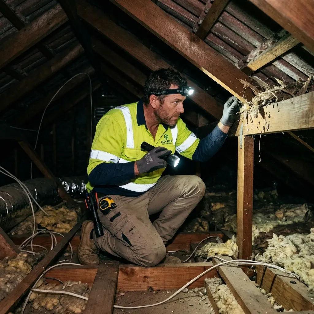 Technician inspecting a Mount Toolebewong subfloor void for a deceased cat